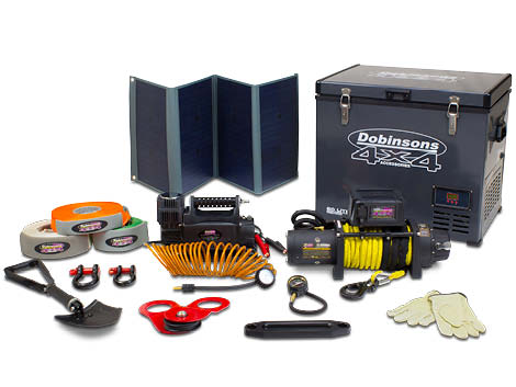 Image of a electric winch, fridge freezer, solar panel and recovery gear for versatile use.